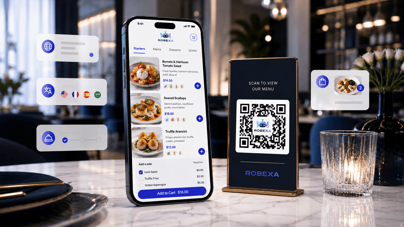 QR Menü am Restauranttisch mit digitaler Speisekarte