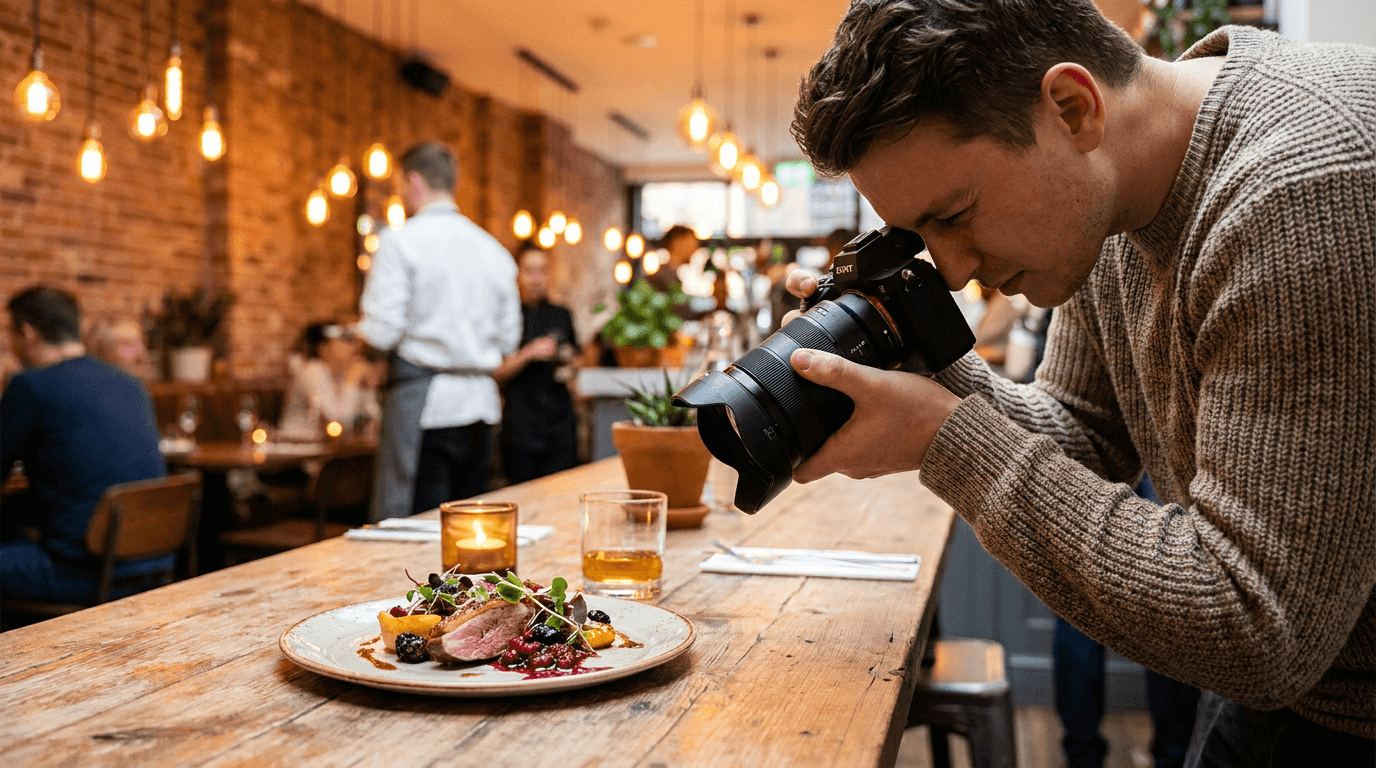 Fotograf dokumentiert ein angerichtetes Gericht für Gästekommunikation und Restaurantmarketing