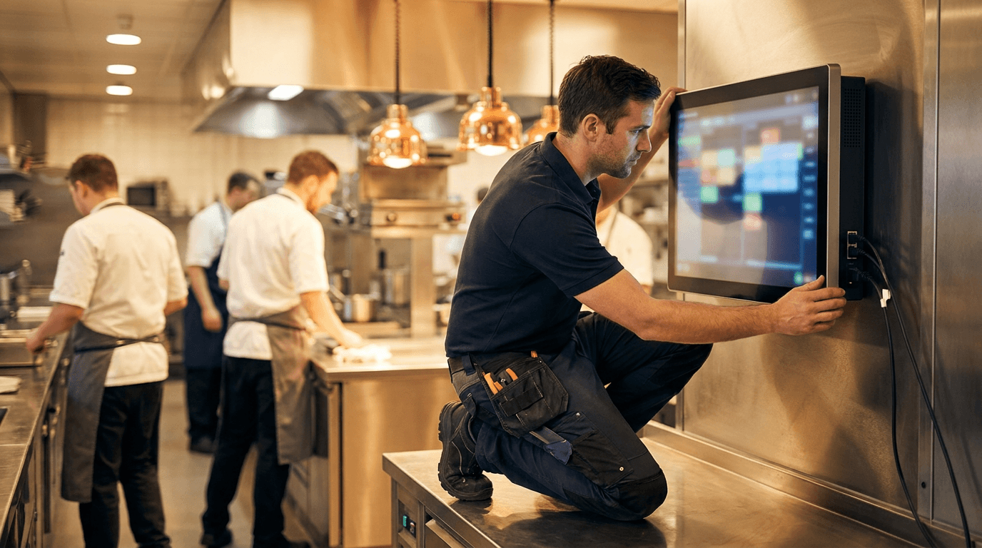 Robexa Mitarbeiter schult Restaurantpersonal am Tablet und Handheld