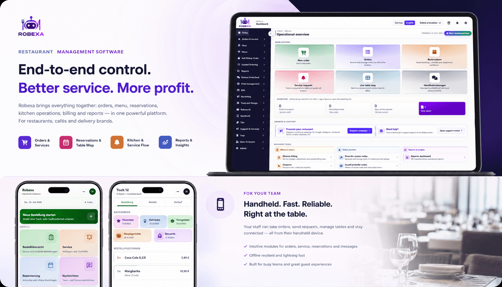 Robexa Management-Ansicht mit operativer Übersicht für Bestellungen, Service, Küche und Handheld-Abläufe
