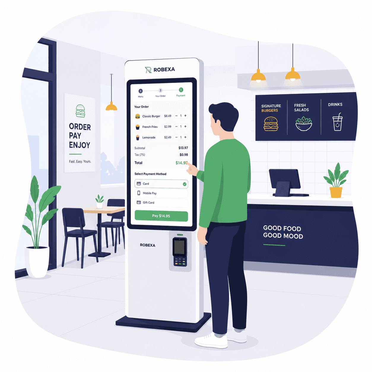 Stehend-Display und Bestellkiosk von Robexa im Restaurant